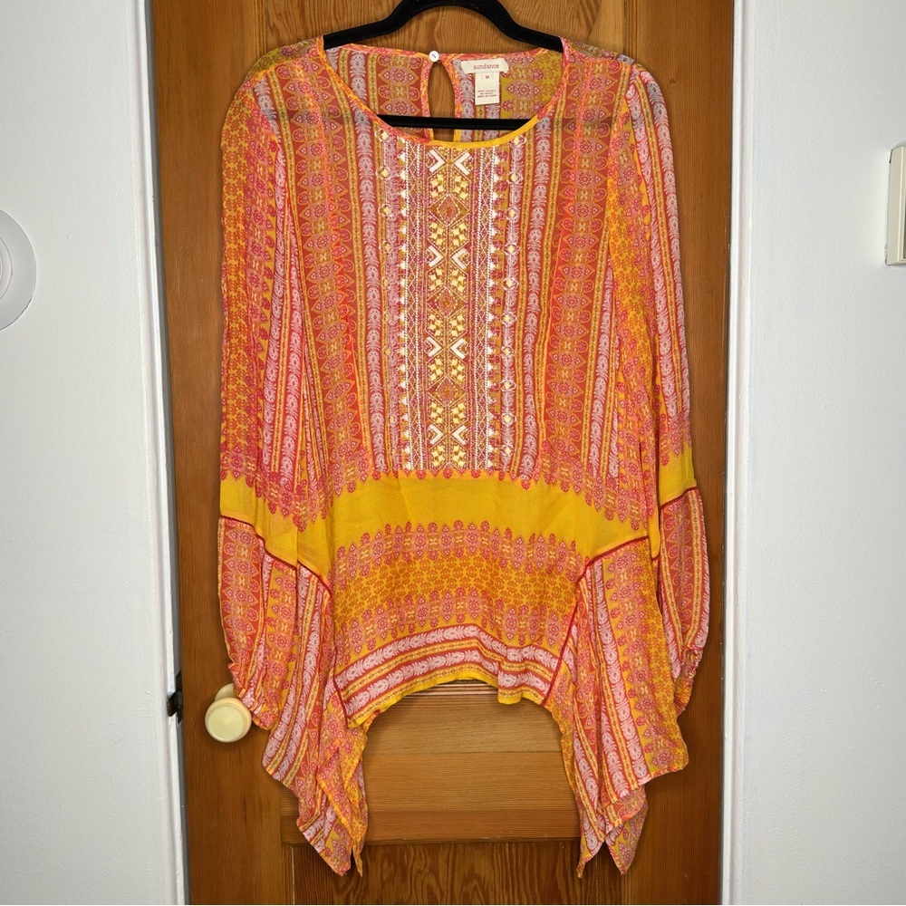 sundance sheer embroidered butterfly hem long sleeve blouse - Picture 2 of 8